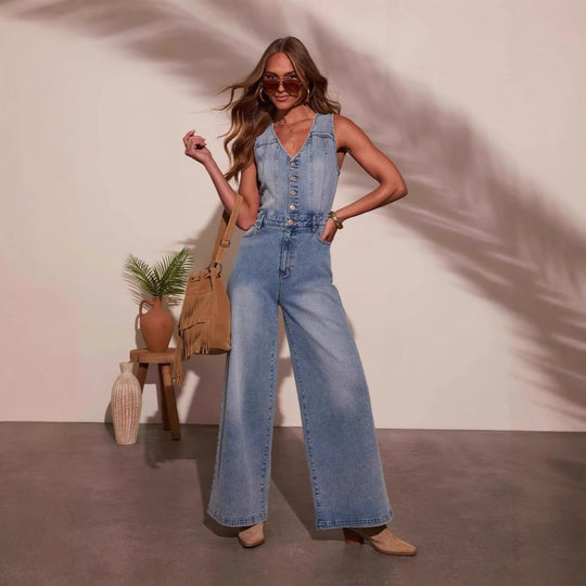 Damen Jumpsuit mit weit geschnittenen Beinen und eleganter Knopfleiste Heidi-Mode