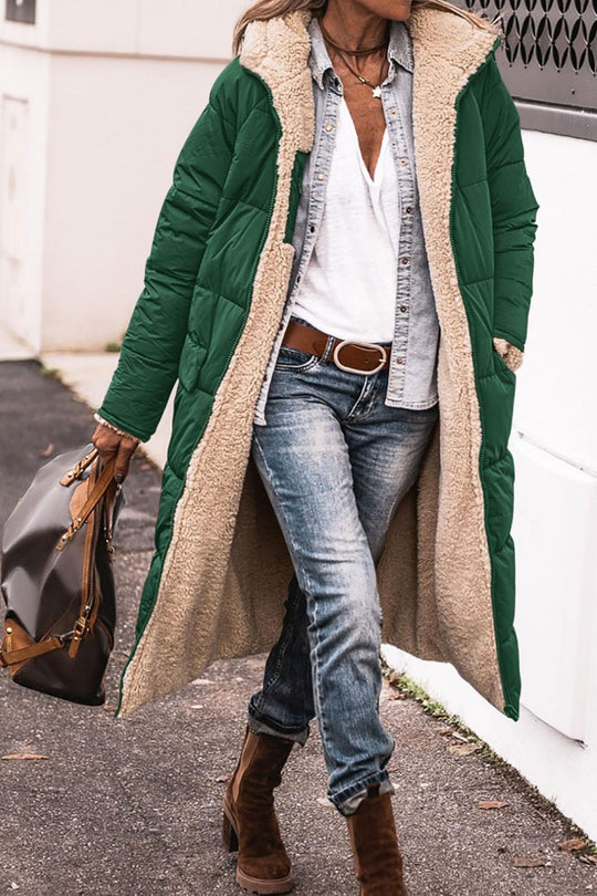 Damen lange Steppjacke mit kuscheligem Teddyfutter und großem Revers Heidi-Mode
