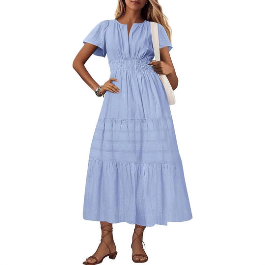 Damen Maxikleid mit modischem V-Ausschnitt und luftigen Rüschen Heidi-Mode