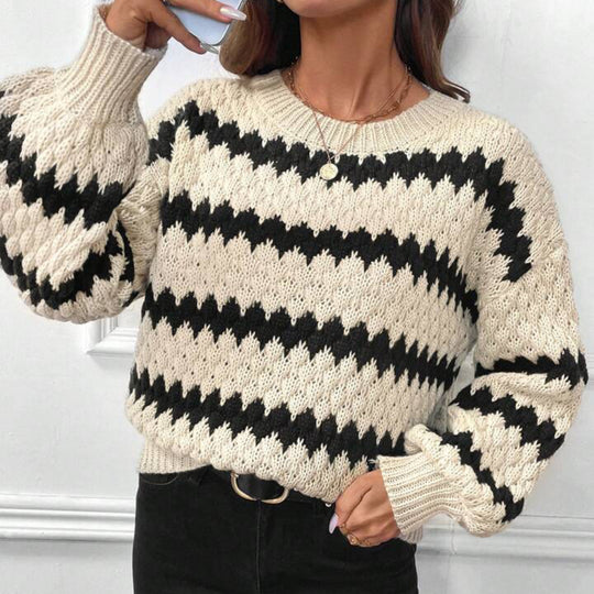 Damen Grobstrickpullover mit geometrischem Muster und voluminösen Ärmeln Heidi-Mode