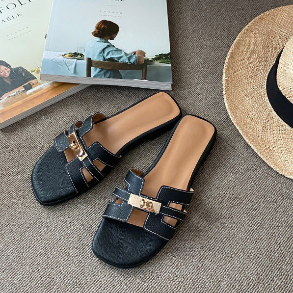 Frauen stylische flache Slide-Sandalen mit dekorativen Riemen Heidi-Mode