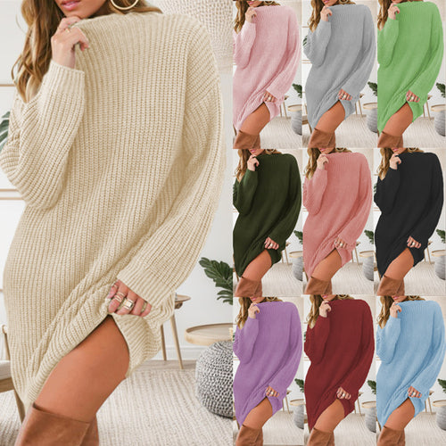 Damen Oversized Strickkleid mit hohem Kragen und seitlichem Schlitz Heidi-Mode