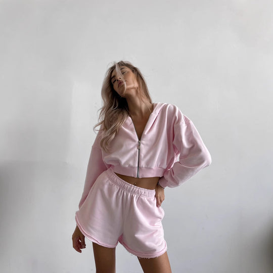 Damen cropped Hoodie und kurze Sporthose Set Heidi-Mode
