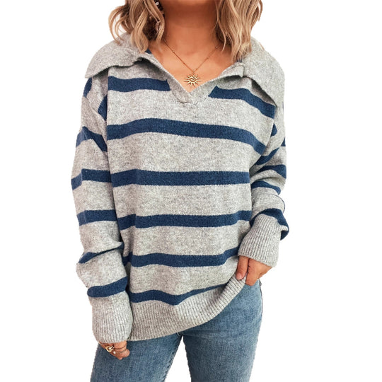 Damen lässiger Streifenpullover mit weitem Kragen und modischem Schnitt Heidi-Mode