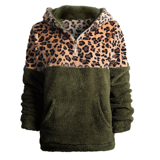 Damen kuscheliger Kapuzenpullover mit aufregendem Leopardenmuster und Kängurutasche Heidi-Mode