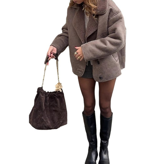 Damen Oversized Kunstlederjacke mit strukturiertem Futter und lässigem Schnitt Heidi-Mode
