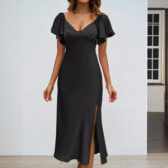 Damen Maxikleid mit eleganten Puffärmeln und seitlichem Schlitz Heidi-Mode