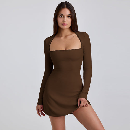Damen Langärmeliges Minikleid mit elegantem Ausschnitt und Rippstruktur Heidi-Mode