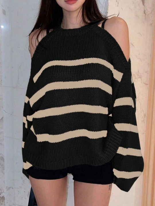 Damen Off-Shoulder Strickpullover mit breiten Streifen Heidi-Mode