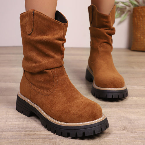 Damen weiche Wildleder-Stiefel mit lässigem Faltenlook und robuster Profilsohle Heidi-Mode