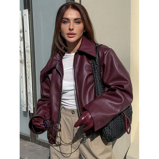 Damen Kunstlederjacke mit Oversized-Schnitt und klassischem Kragen Heidi-Mode