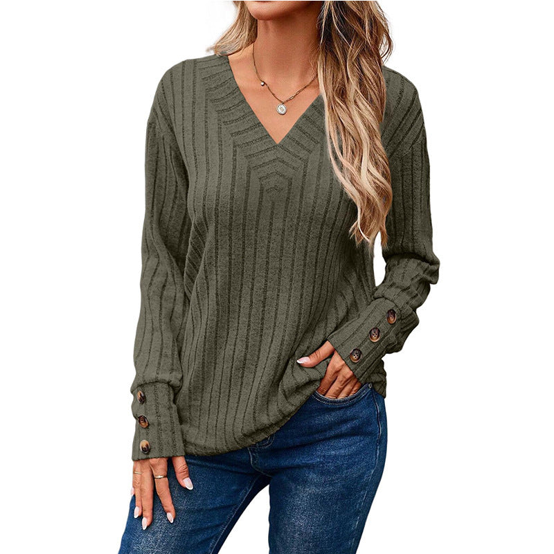 Damen V-Ausschnitt Pullover mit dekorativem Streifenmuster und Knopfdetails Heidi-Mode
