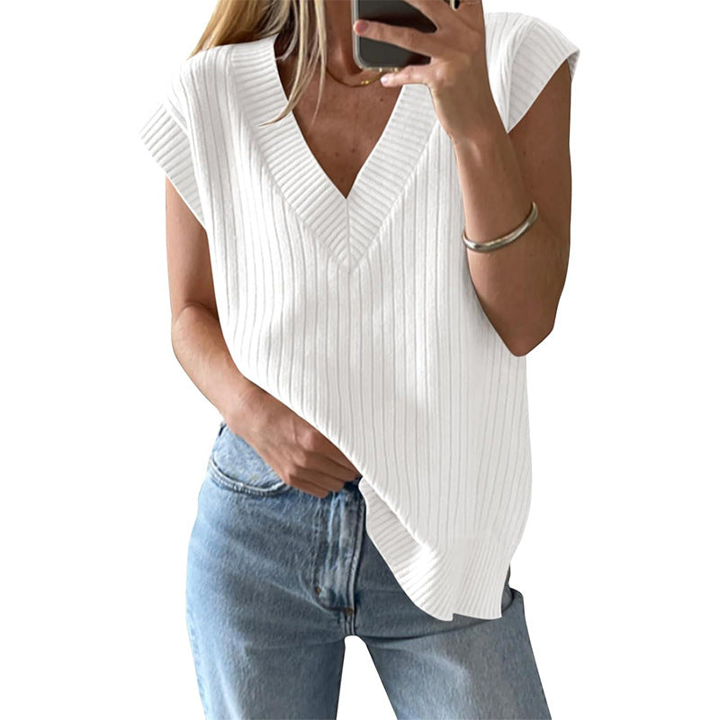 Damen lässiges V-Ausschnitt Oberteil aus Rippstrickmaterial Heidi-Mode