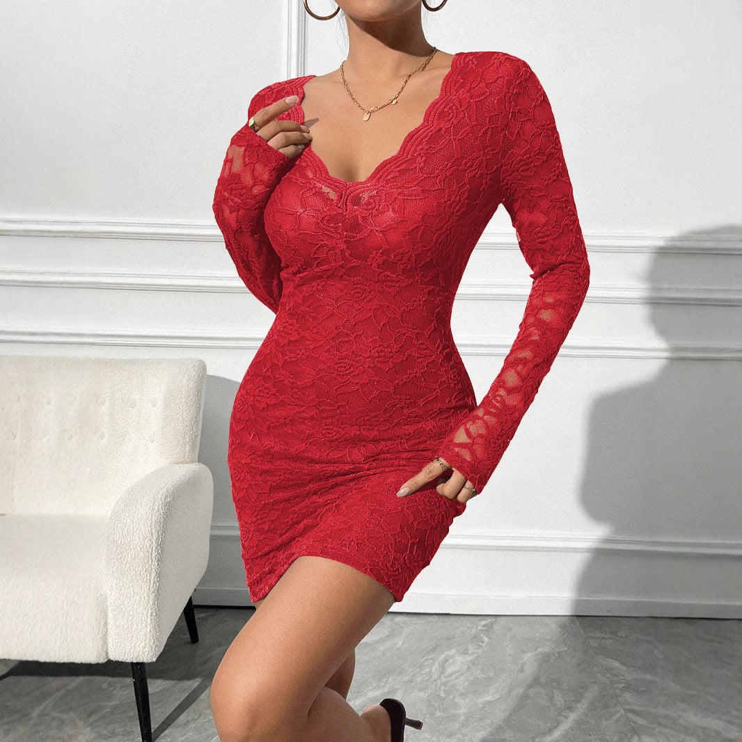 Damen Spitzenkleid mit V-Ausschnitt und langem Arm Heidi-Mode