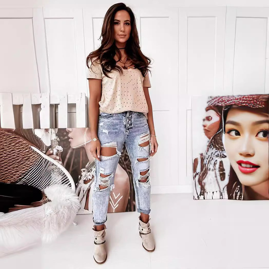 Damen Boyfriend-Jeans mit Destroyed-Details und hohem Komfortbund Heidi-Mode
