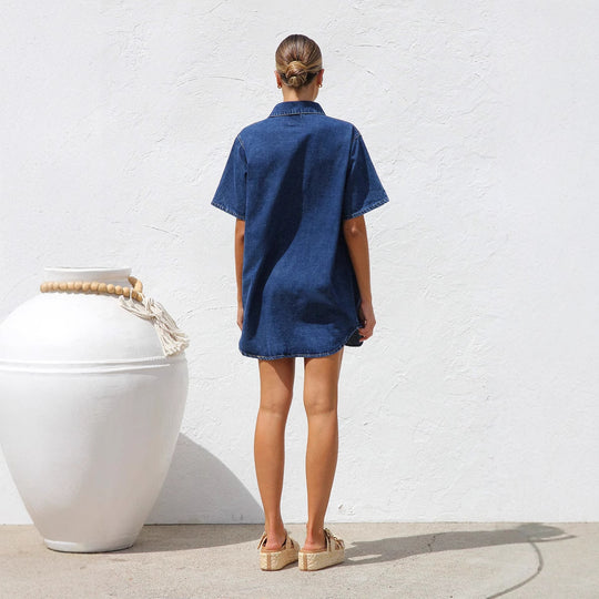 Damen Denim Hemdkleid mit kurzen Ärmeln und praktischen Taschen Heidi-Mode