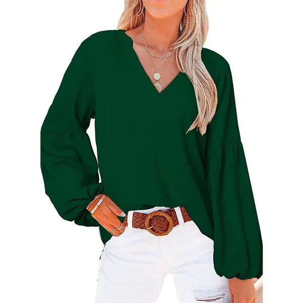 Damen Bluse mit weitem Ballonärmel und elegantem V-Ausschnitt Heidi-Mode