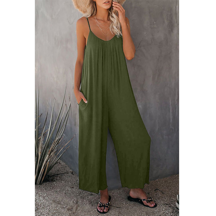 Damen Lässiger Sommer-Jumpsuit mit tiefem Ausschnitt und praktischen Taschen Heidi-Mode