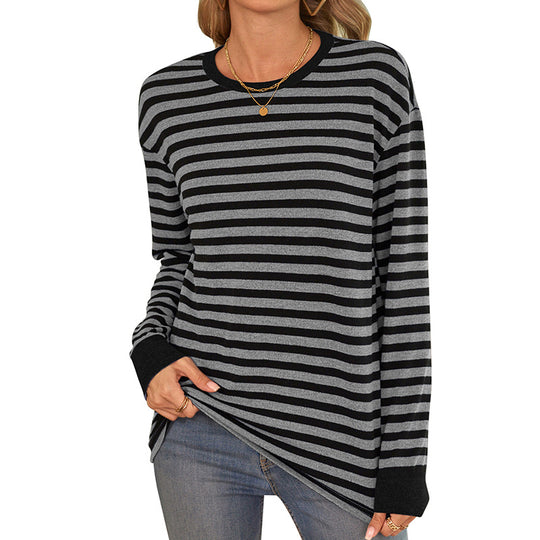 Damen bequemes Langarmshirt mit gestreiftem Design und Rundhalsausschnitt Heidi-Mode