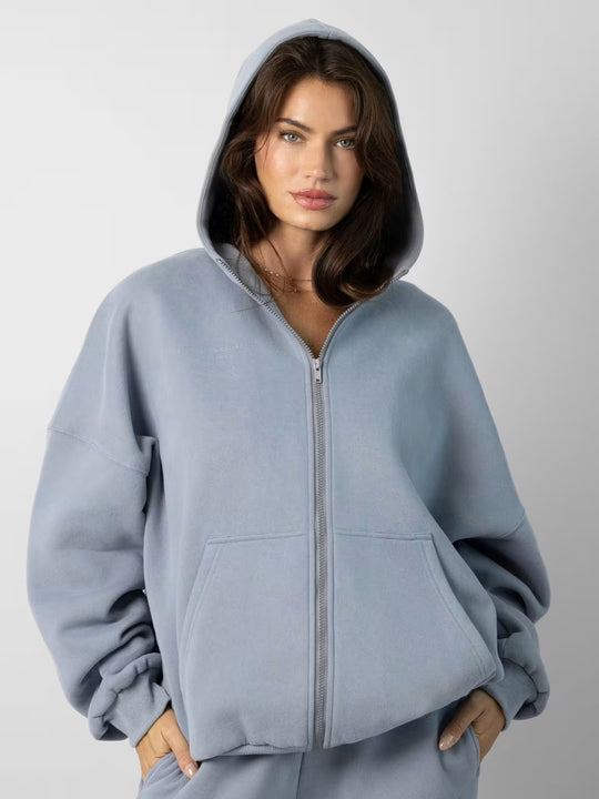 Damen oversized Fleece-Hoodie mit lässigem Reißverschluss und Kängurutaschen Heidi-Mode