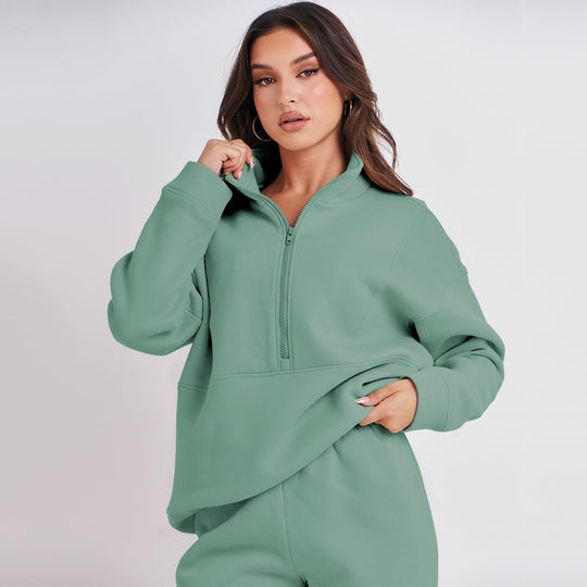 Damen Sportlicher Fleece-Jogginganzug mit halbem Reißverschluss Heidi-Mode