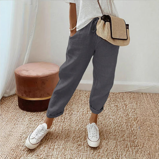 Damen Lässige Leinen-Hose mit elastischem Bund und praktischen Taschen Heidi-Mode
