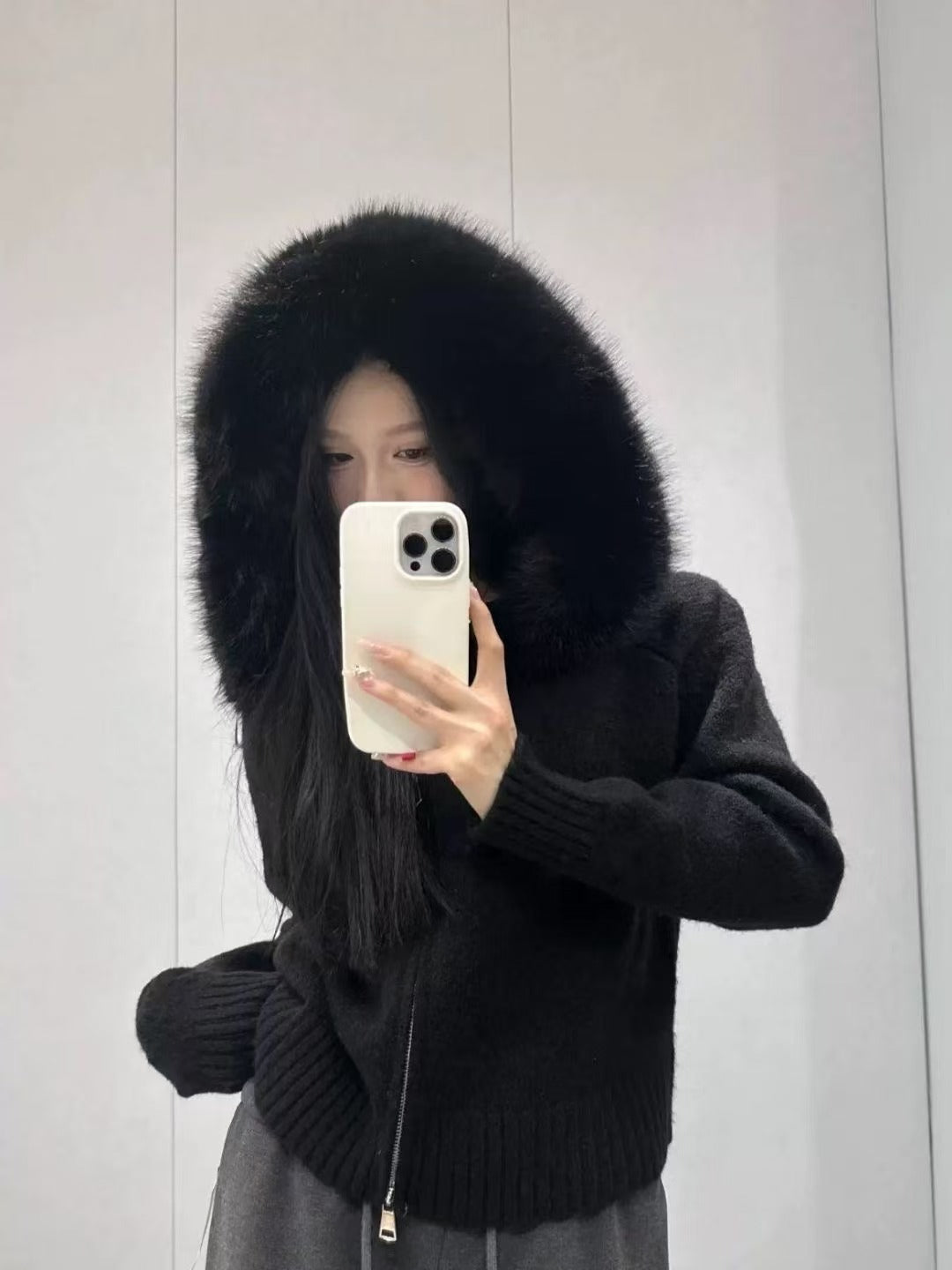 Damen kuschelige Strickjacke mit luxuriösem Pelzkragen und Reißverschluss Heidi-Mode