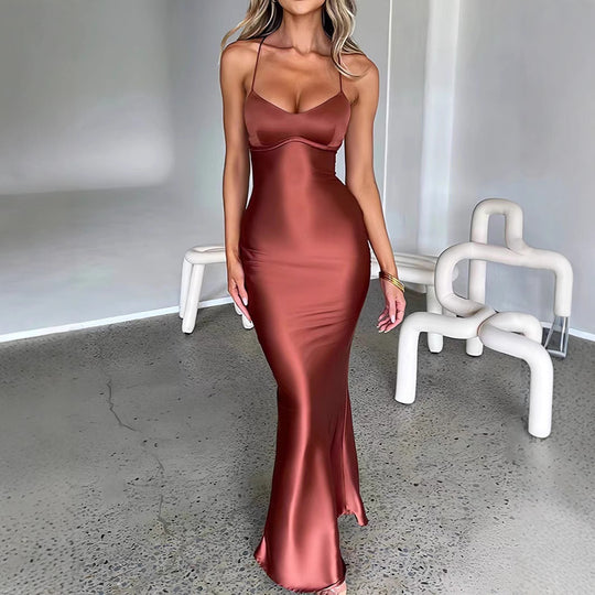 Damen Glamouröses Langarm-Maxi-Kleid mit verstellbaren Trägern und figurbetontem Schnitt Heidi-Mode