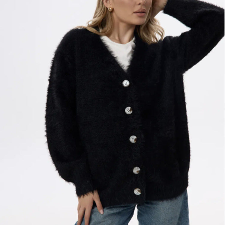 Damen Flauschiger Cardigan mit Perlknöpfen und lockerer Passform Heidi-Mode