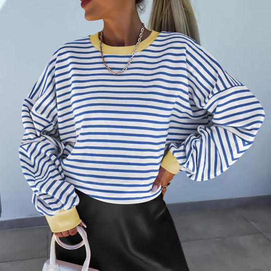 Damen Lässiges gestreiftes Sweatshirt mit voluminösen Ärmeln Heidi-Mode