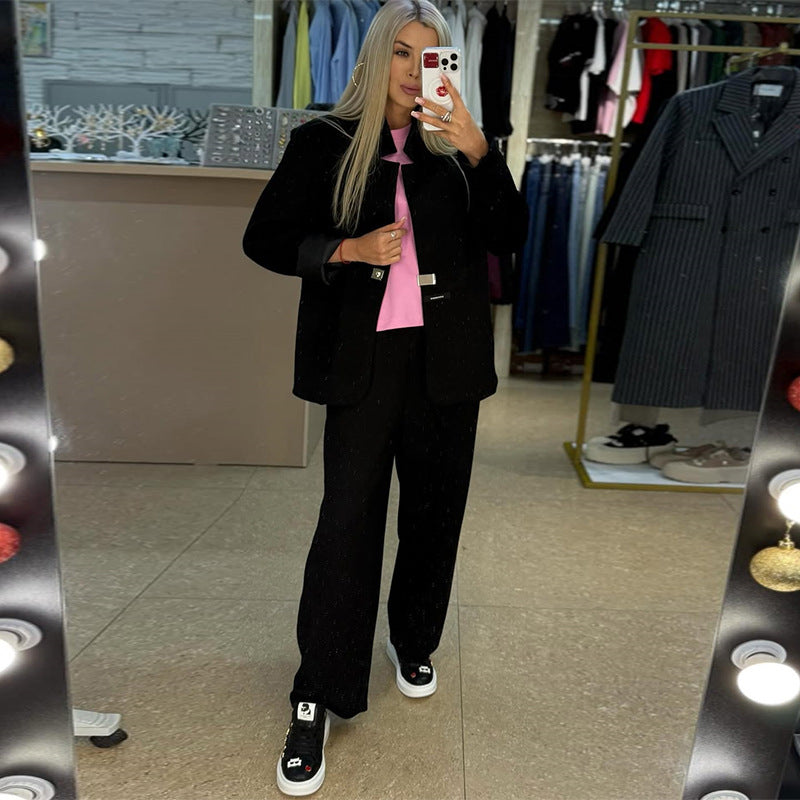 Damen lässige Sweater-Blazer-Kombination mit weit geschnittenen Hosen Heidi-Mode