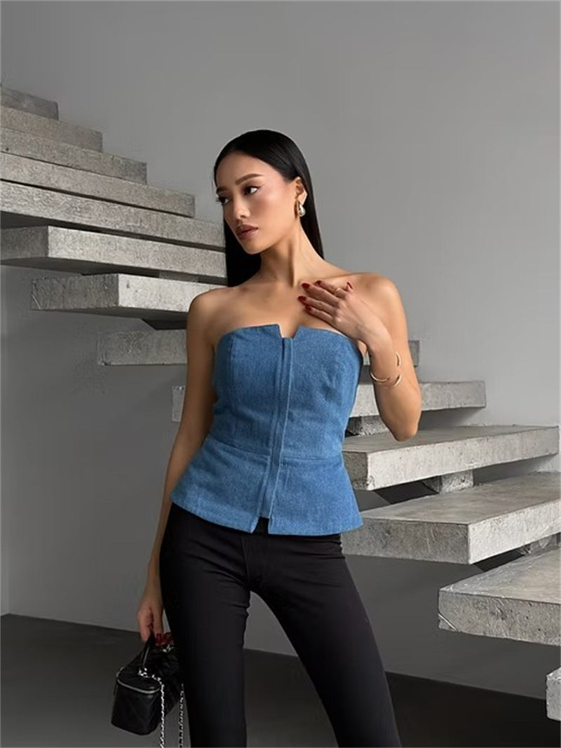 Damen ärmelloser Denim-Top mit Reißverschluss Heidi-Mode