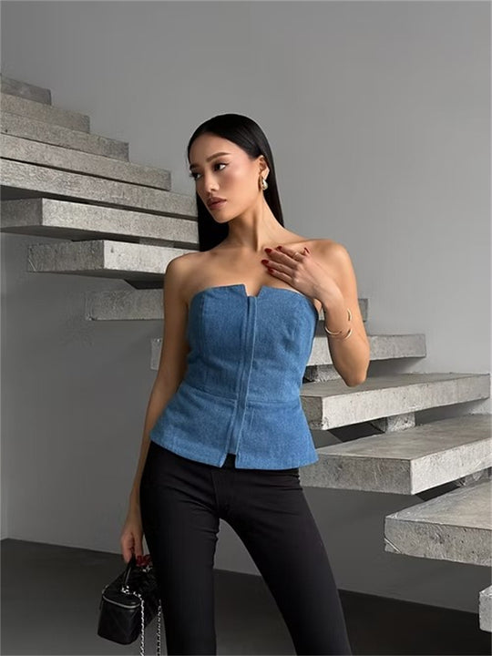 Damen ärmelloser Denim-Top mit Reißverschluss Heidi-Mode