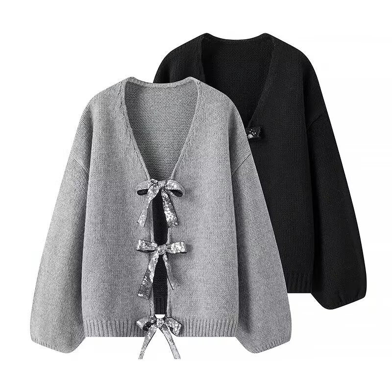 Damen luftige Strickjacke mit Schimmerndem Bindegürtel Heidi-Mode
