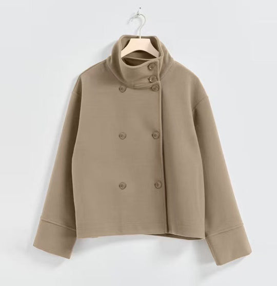 Damen Modische Cropped Jacke mit hohem Kragen und doppelter Knopfleiste Heidi-Mode