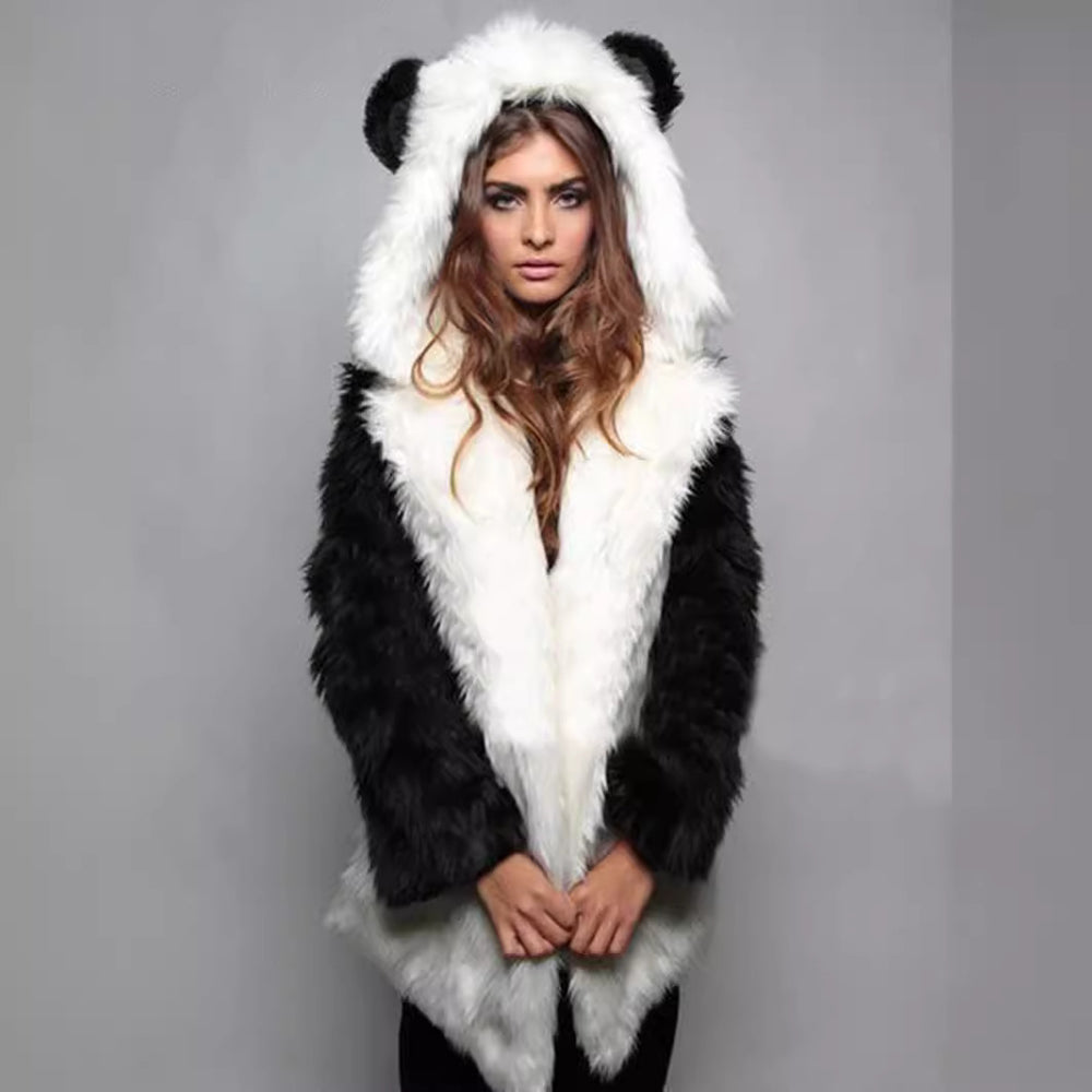 Damen Kuscheliger Kunstfell-Mantel mit Kapuze und Ohren Heidi-Mode