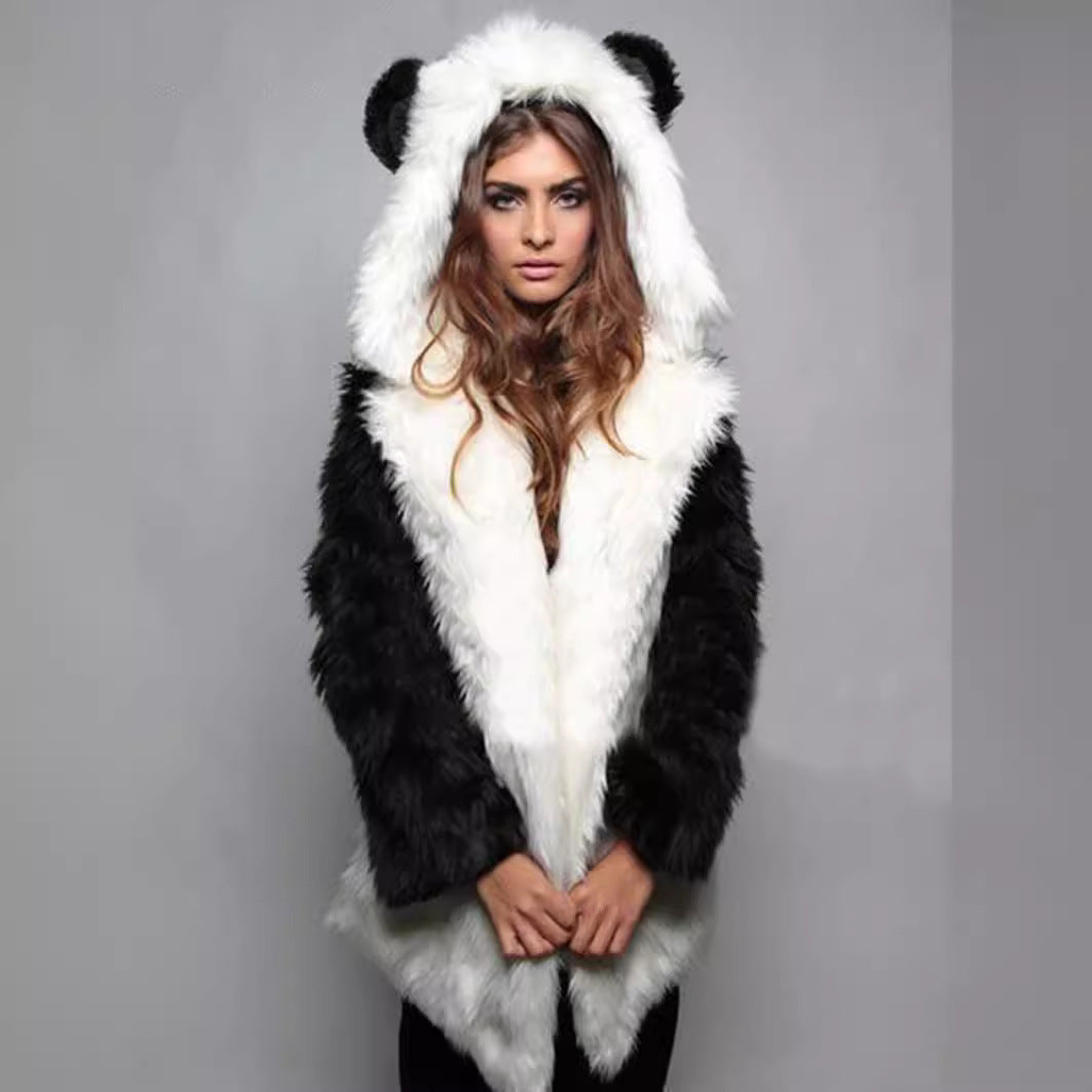 Damen Kuscheliger Kunstfell-Mantel mit Kapuze und Ohren Heidi-Mode