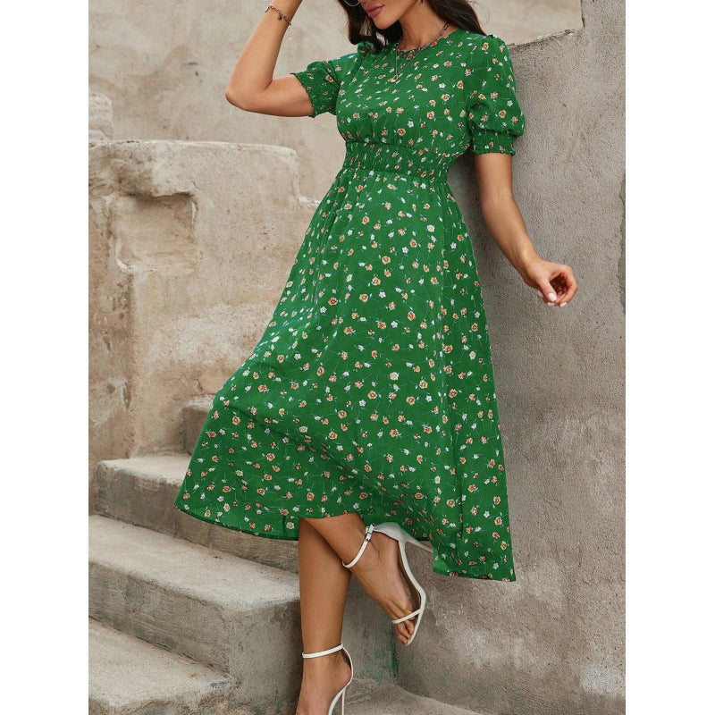 Damen Leichtes Blumendruck Maxi Kleid mit Smock-Taille Heidi-Mode