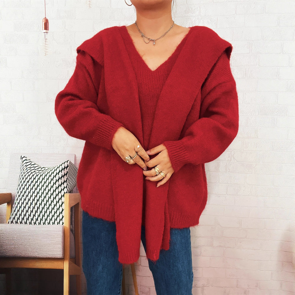 Damen lässiger Strickpullover mit abnehmbarer Kapuze und Knopfdetails Heidi-Mode