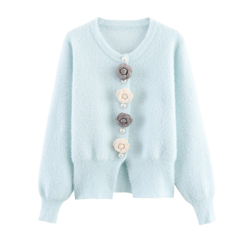 Damen stylische Strickjacke mit einzigartigen Blumenapplikationen Heidi-Mode