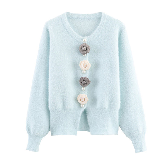 Damen stylische Strickjacke mit einzigartigen Blumenapplikationen Heidi-Mode
