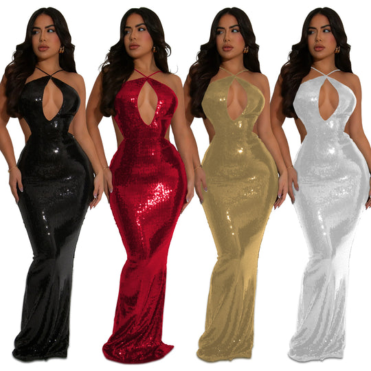 Damen Glamouröses Paillettenkleid mit tiefem Ausschnitt und figurbetontem Schnitt Heidi-Mode