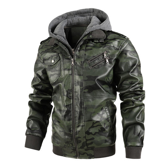 Herren Kunstlederjacke mit abnehmbarer Kapuze und multifunktionalen Taschen Heidi-Mode
