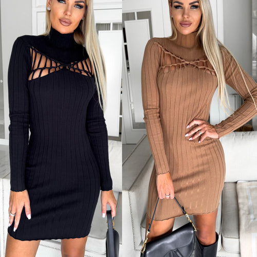 Damen figurbetontes Strickkleid mit Ausschnitt und Langarm Heidi-Mode