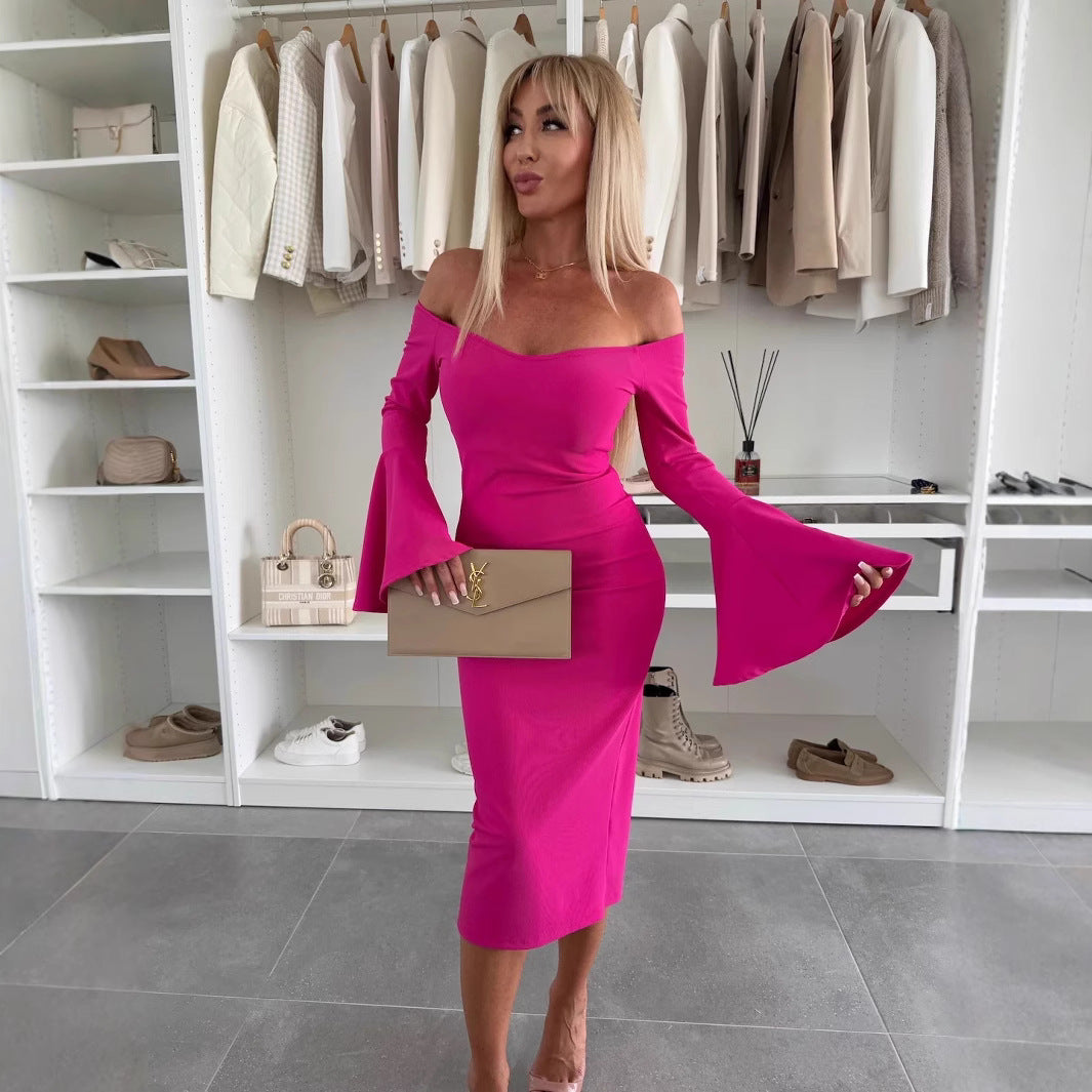 Damen Wickelkleid mit schulterfreiem Design und eleganten Trompetenärmeln Heidi-Mode