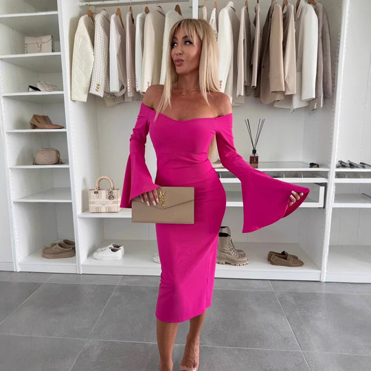 Damen Wickelkleid mit schulterfreiem Design und eleganten Trompetenärmeln Heidi-Mode