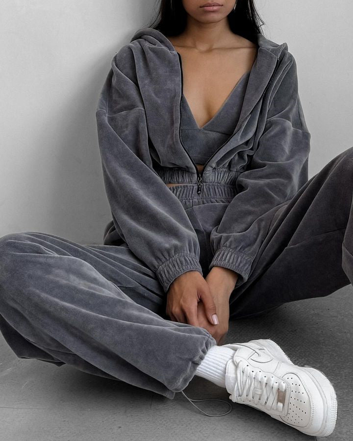 Damen Sportliches Cropped Sweatshirt und Jogginghose Set mit elastischem Bund Heidi-Mode