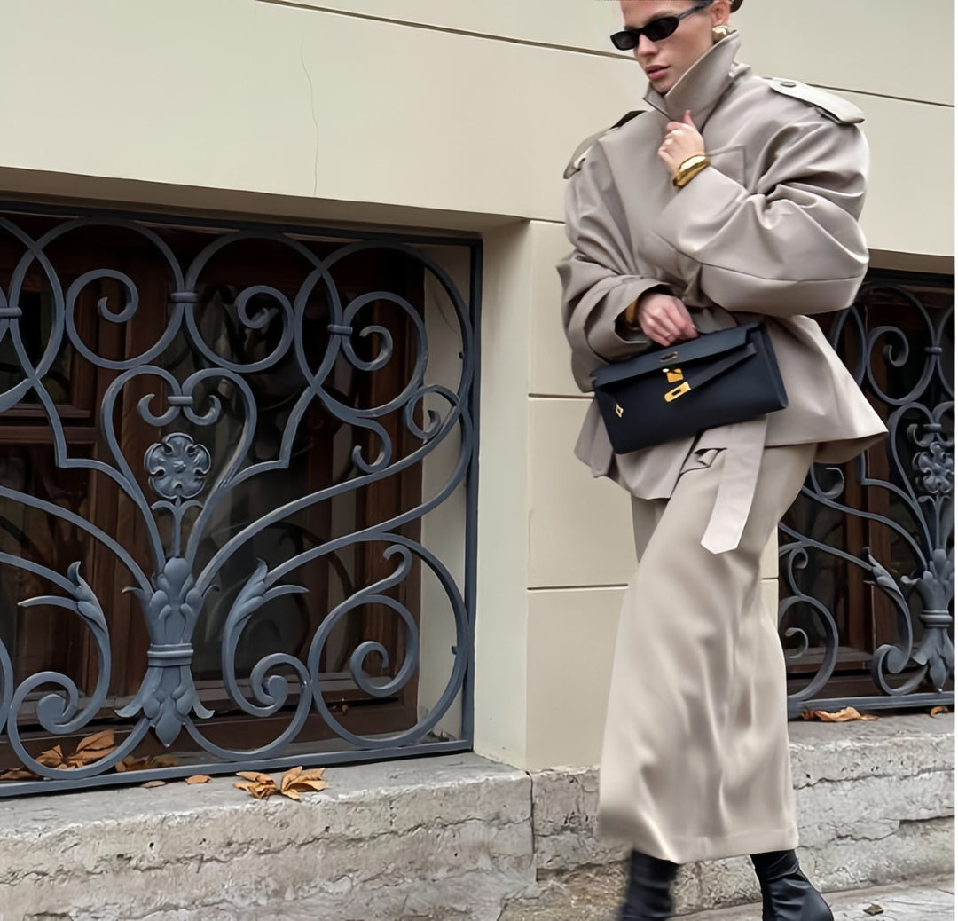 Damen Oversized Trenchcoat mit hochgeschlossenem Kragen und weiten Ärmeln Heidi-Mode