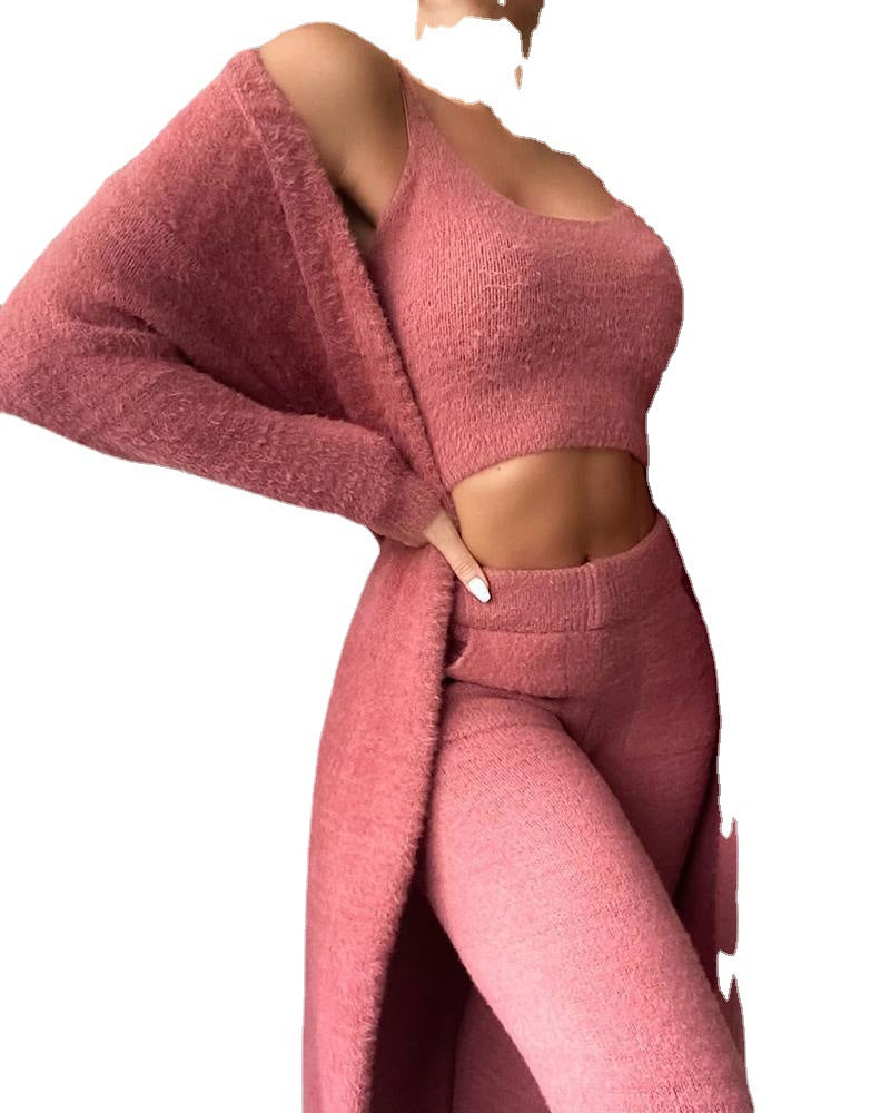 Damen gemütliches Lounge-Set aus feinem Fleece mit offenem Cardigan und Crop-Top Heidi-Mode