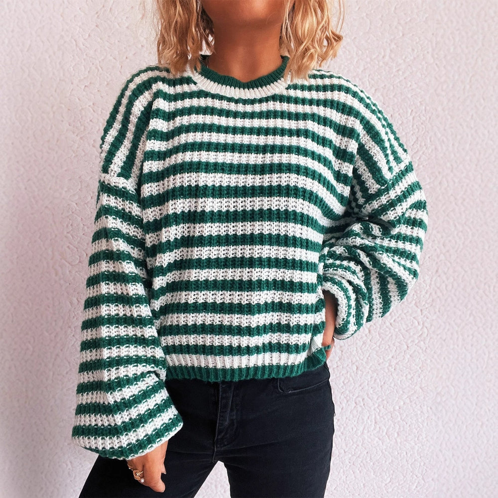 Damen lässiger Strickpullover mit breiten Streifen Heidi-Mode